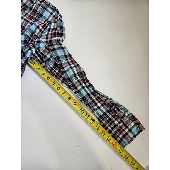 Aeropostale Womens Button Down Flannel L Blue Red Plaid Front Pocket Long Sleeve - Picture 6 of 7